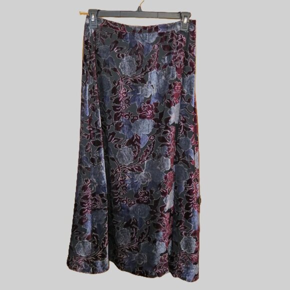Coldwater Creek Gray & Burgundy Floral Midi Skirt Burn Out Lined Size Large - Picture 1 of 8